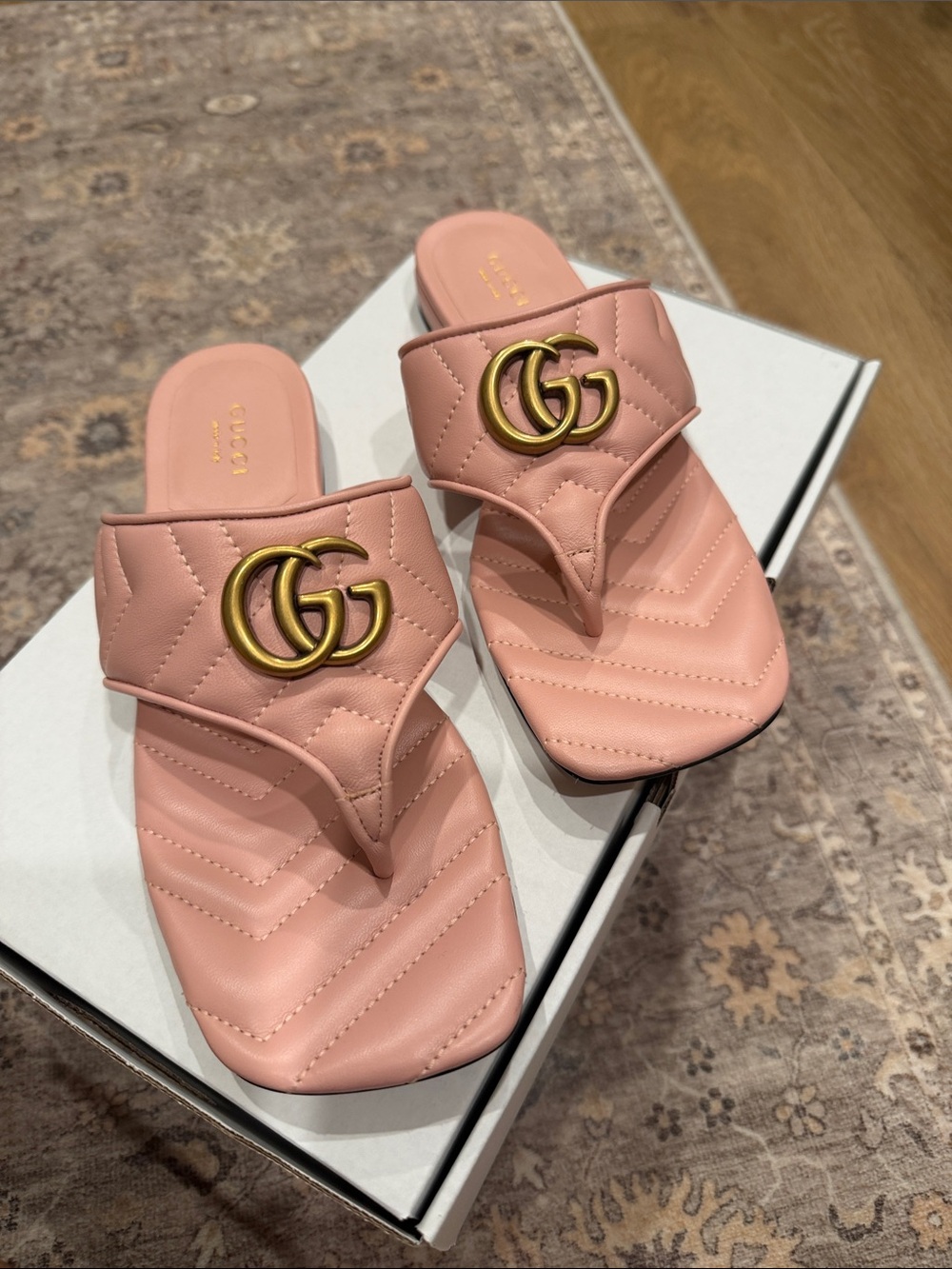 Gucci Quilted Pink GG Thong Sandals with Gold Logo